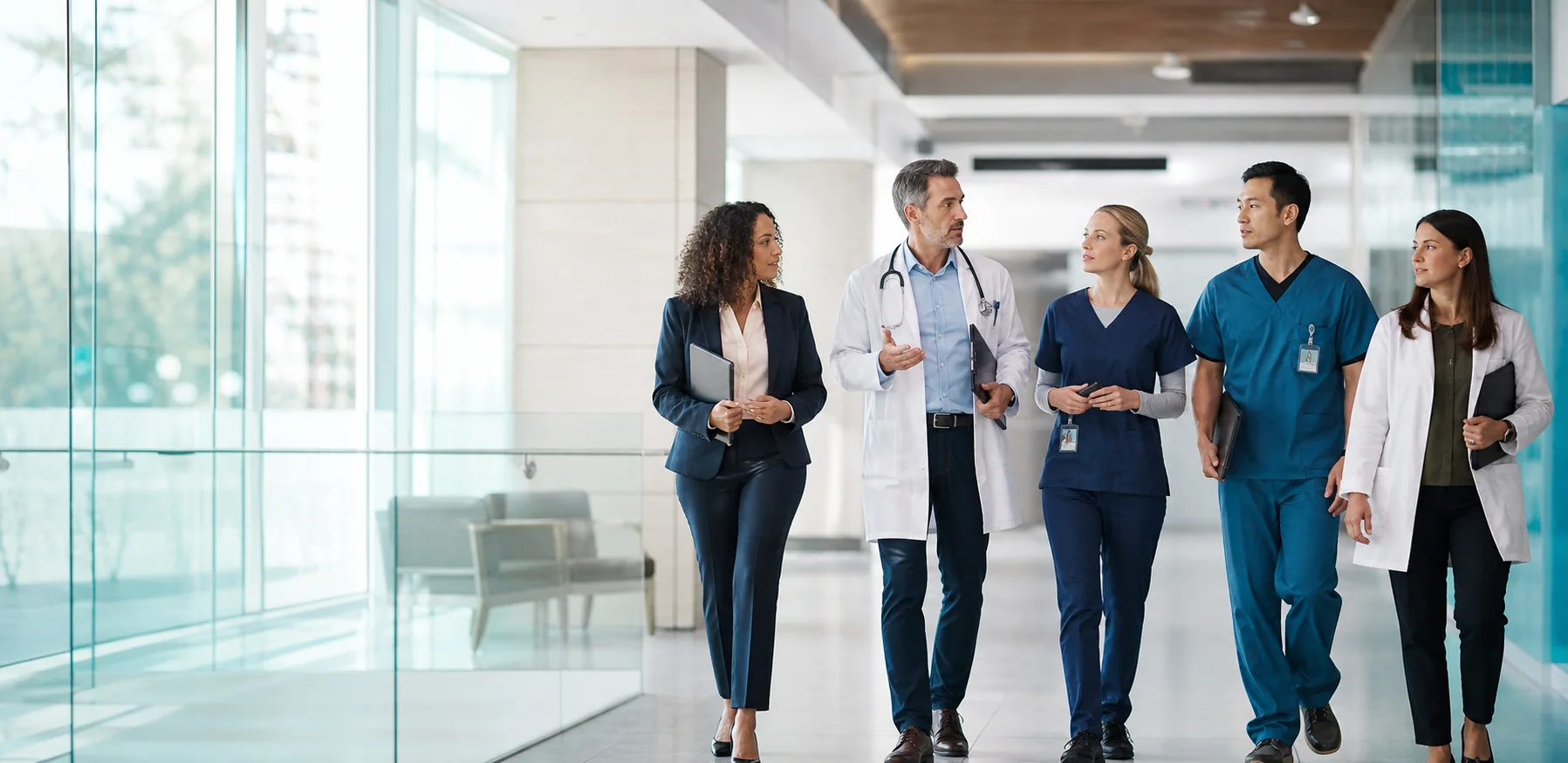 A physician, nurses, an allied health professional, and a healthcare leader walking together in a hospital